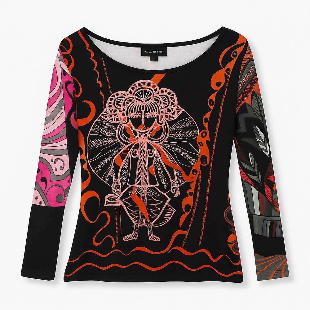 Custo Barcelona Black and Pink Graphic 3/4 Sleeve Blouse - Picture 5 of 5